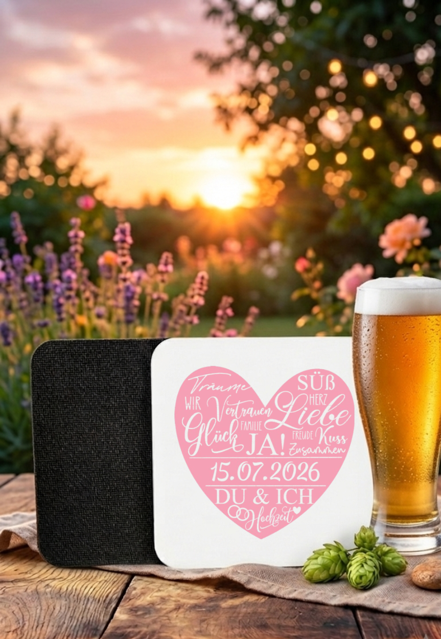 Untersetzer Hochzeit personalisiert Name Datum, Glasuntersetzer Hochzeitsgeschenk, Hochzeitsdeko Bierkrug Zubehör, Herz Motiv