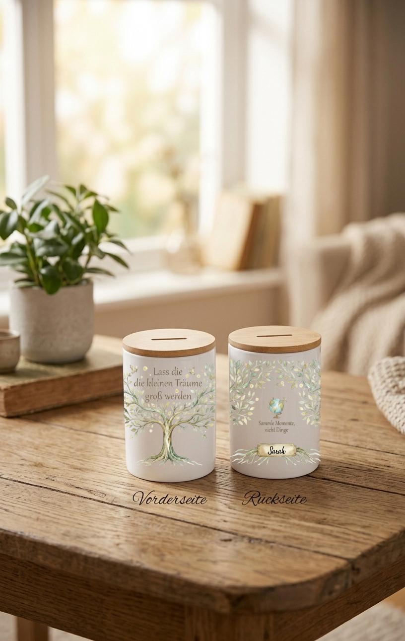 Spardose Keramik personalisiert mit Name Lebensbaum Geschenk Sparen Bambus