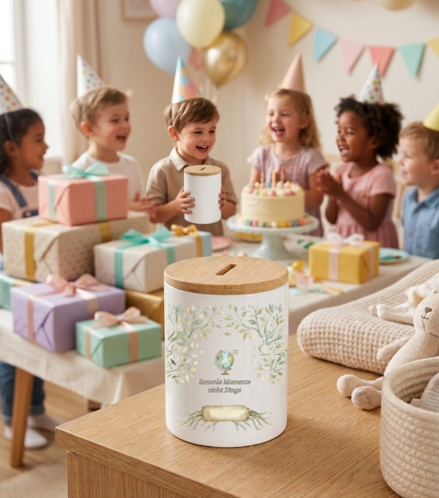 Spardose Keramik personalisiert mit Name Lebensbaum Geschenk Sparen Bambus