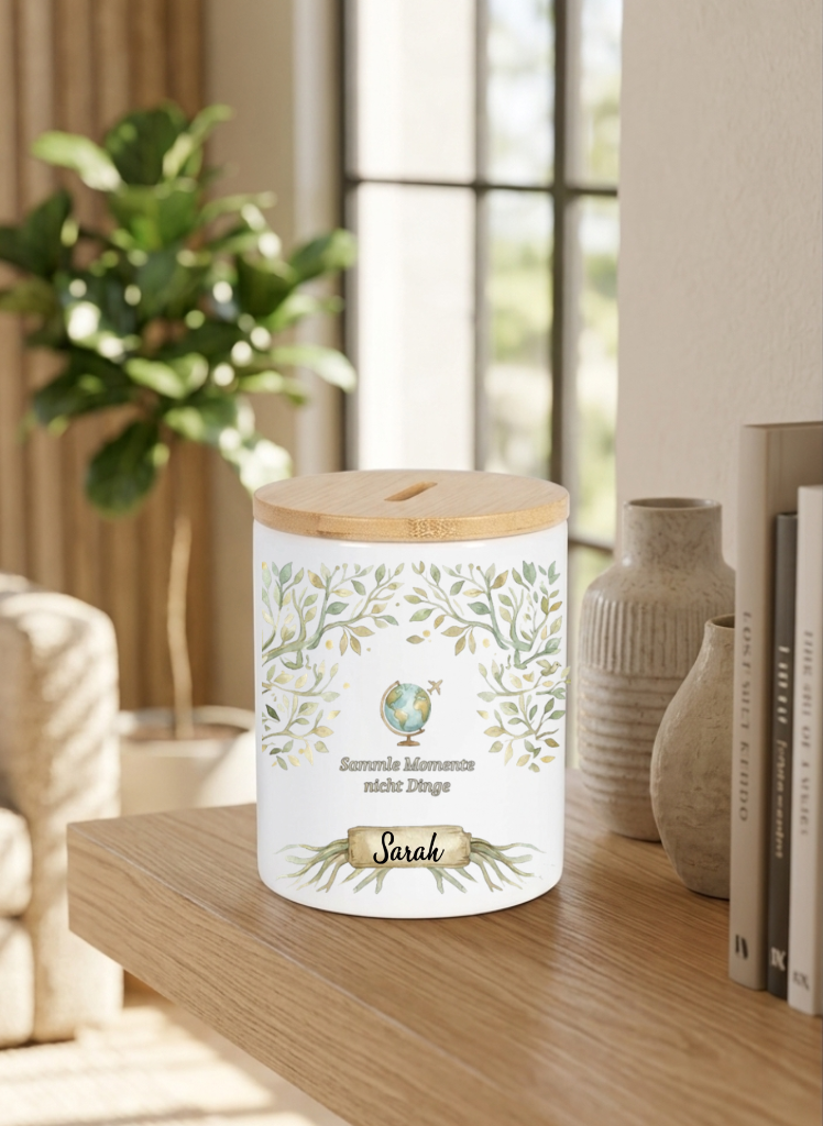 Spardose Keramik personalisiert mit Name Lebensbaum Geschenk Sparen Bambus