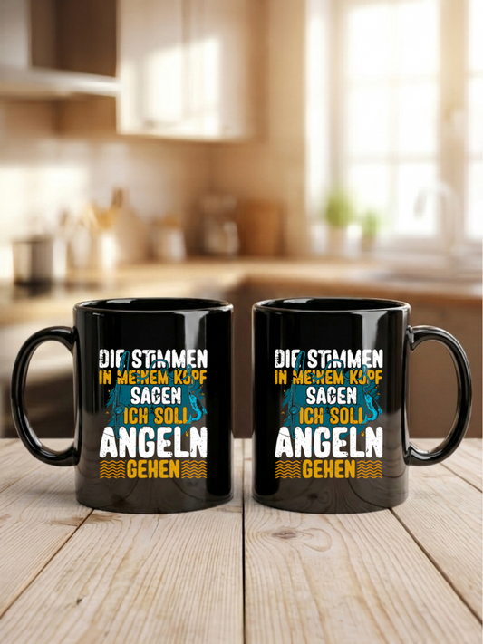 Tasse Angler Die Stimmen in meinem Kopf sagen ich muss angeln gehen, Kaffeetasse Schwarz, Fischer Geschenkidee