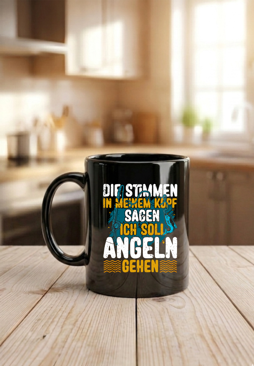 Tasse Angler Die Stimmen in meinem Kopf sagen ich muss angeln gehen, Kaffeetasse Schwarz, Fischer Geschenkidee