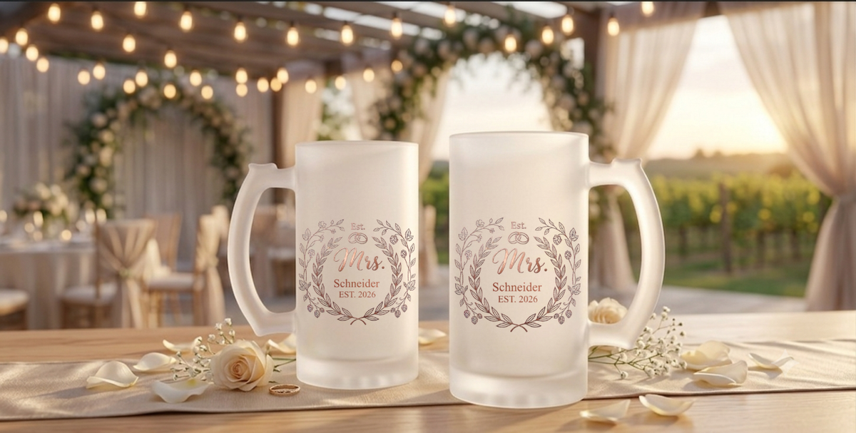 Hochzeitsgeschenk Bierglas Name Jahr, Satiniertes Glas Mr Mrs, Geschenk Brautpaar, Bierkrug Hochzeit