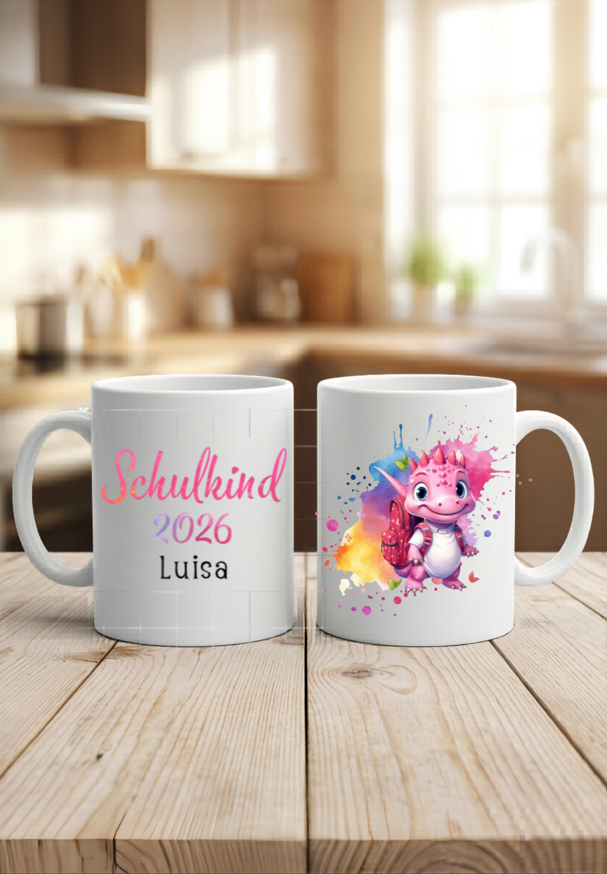 Schulkind 2026 Tasse personalisiert Name, Dino Drache Kaffeetasse Einschulung, Geschenk Schultüte Junge Mädchen, Keramiktasse bunt