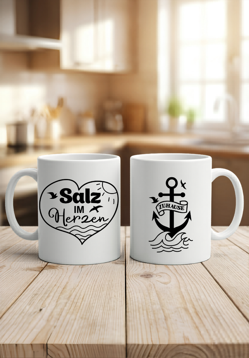 Maritime Tasse Salz im Herzen, Anker Becher personalisiert, Nordsee Ostsee Geschenk, Kaffeetasse Meer Küstenkind, Zuhause ist am Meer