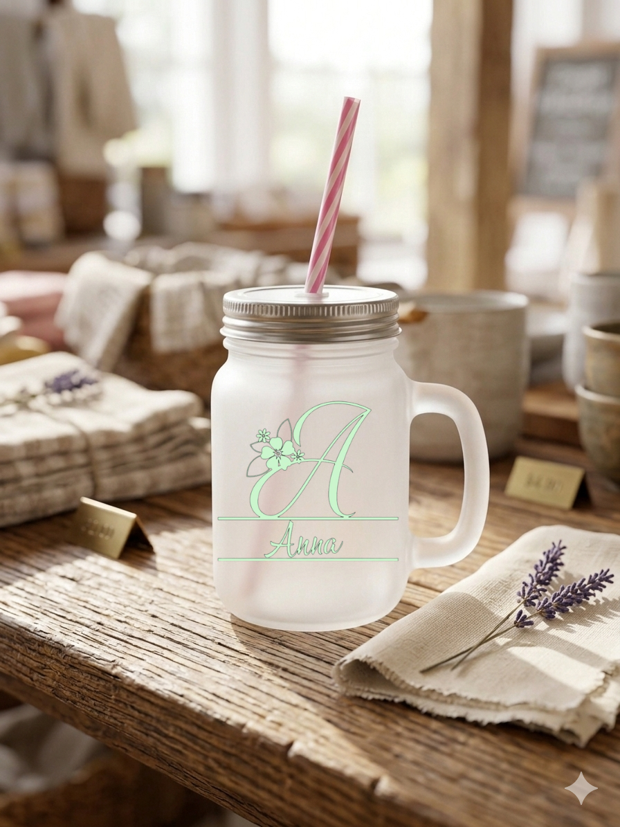 Trinkglas mit Henkel und Strohhalm personalisiert Name, Monogramm Glas Deckel, Buchstaben A-Z Sommerglas, Geschenk Geburtstag