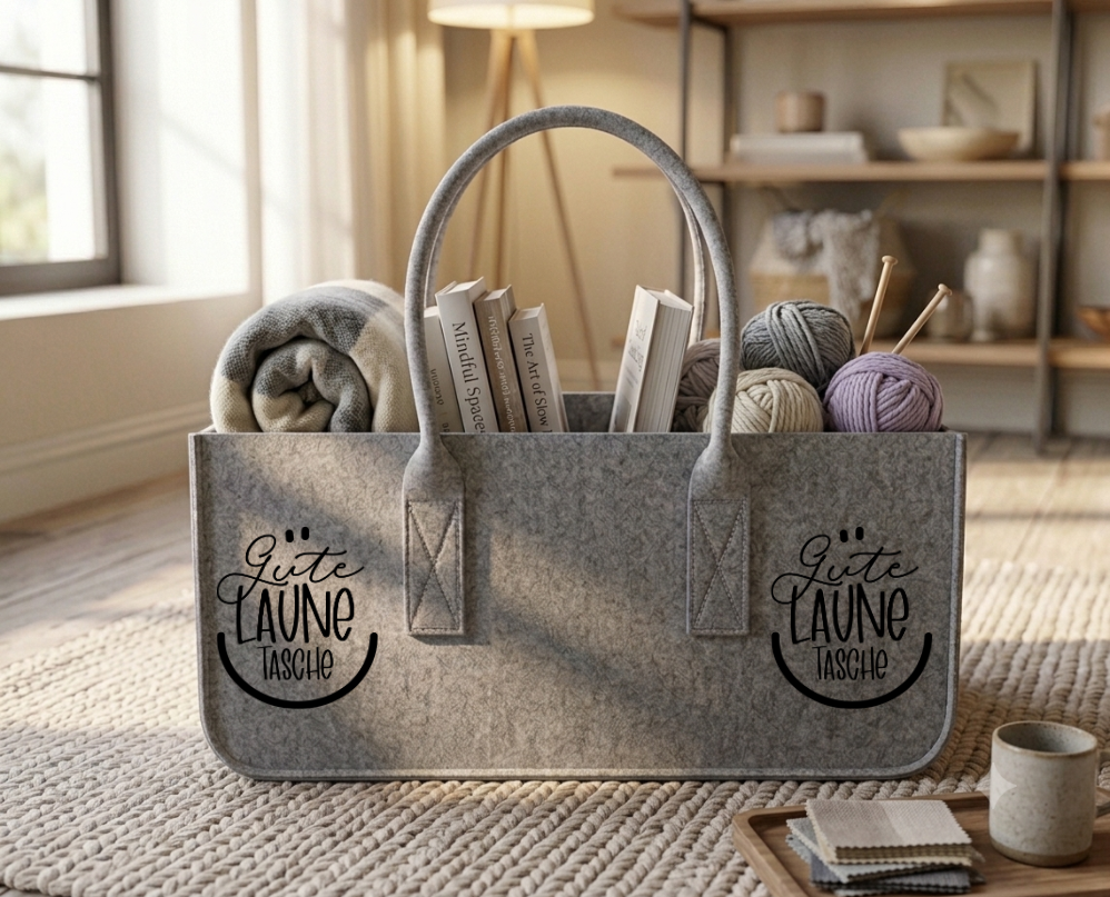 Gute Laune Filztasche Filzkorb Tasche mit Spruch Kaminholzkorb Aufbewahrung Korb Geschenk Frauen Zeitschriftenkorb Einkaufstasche