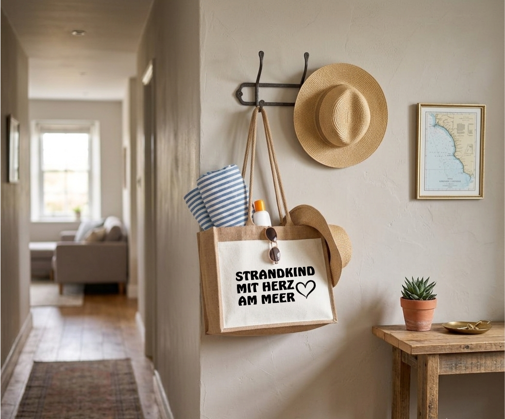 Jutetasche Strandkind mit Herz am Meer Strandtasche Shopper Geschenk