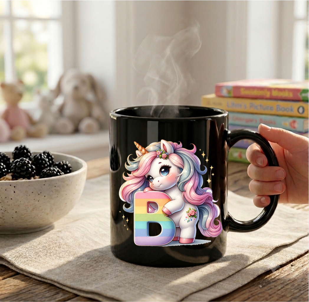Einhorn Tasse personalisiert Buchstabe A-Z, Kinderbecher Initiale, Kaffeetasse hochglanz weiß schwarz, Geschenk Mädchen Geburtstag