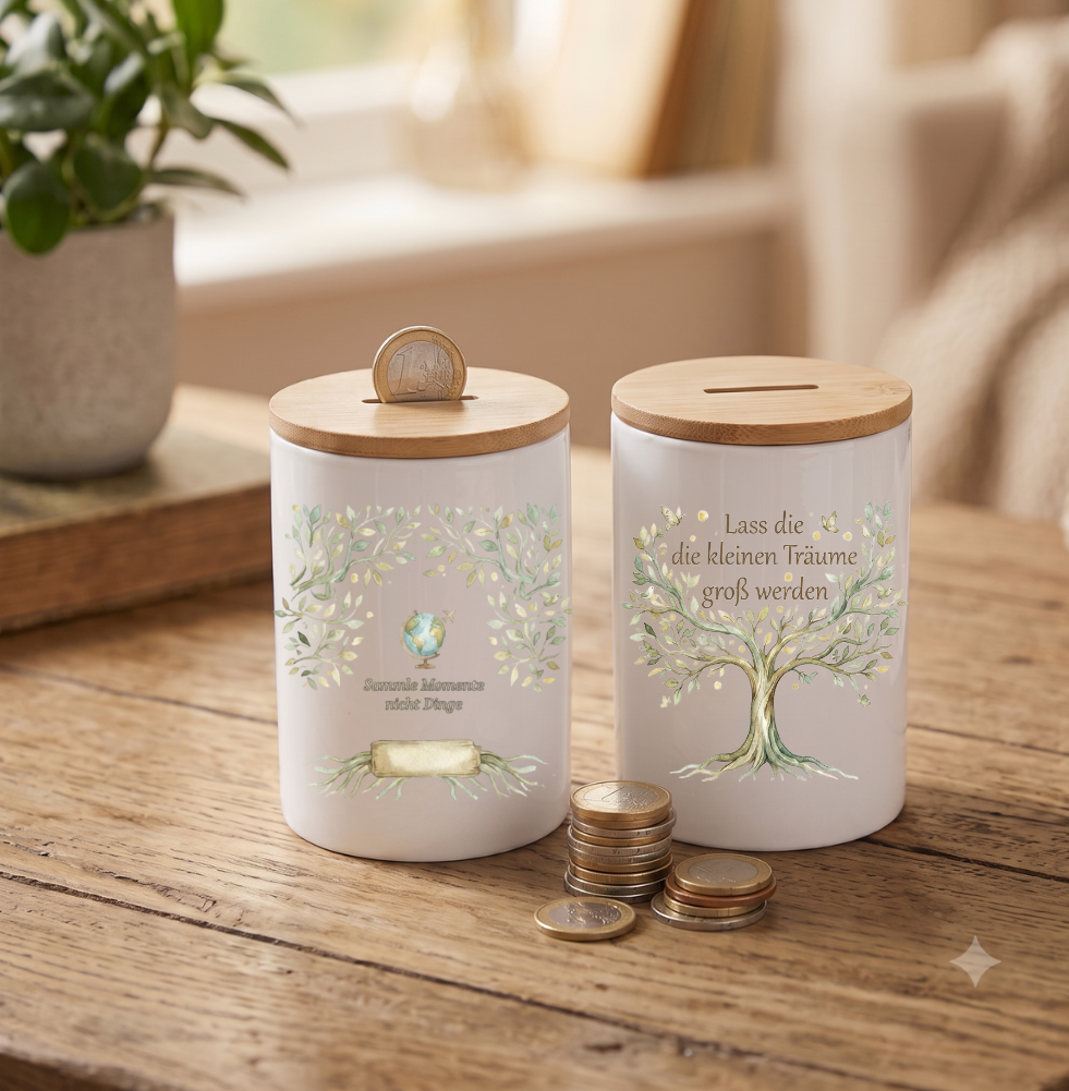 Spardose Keramik personalisiert mit Name Lebensbaum Geschenk Sparen Bambus