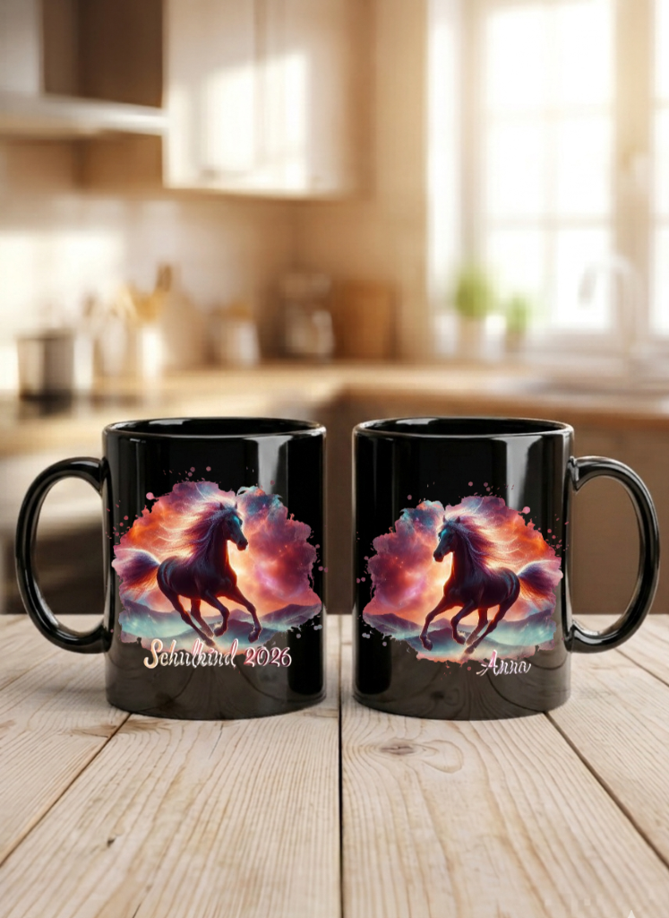 Tasse Einschulung Pferd mit Name Schulkind Tasse Mädchen Geschenke Schulstart Keramiktasse Schwarz Weiß Personalisierbar Geschenkidee