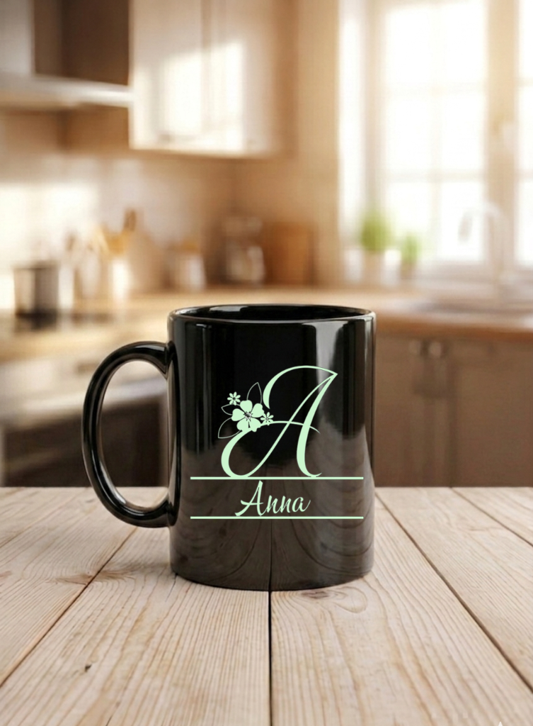 Tasse mit Buchstabe personalisiert Name, Florales Monogramm Becher, Kaffeetasse weiß schwarz hochglanz, Geschenk Frauen Geburtstag