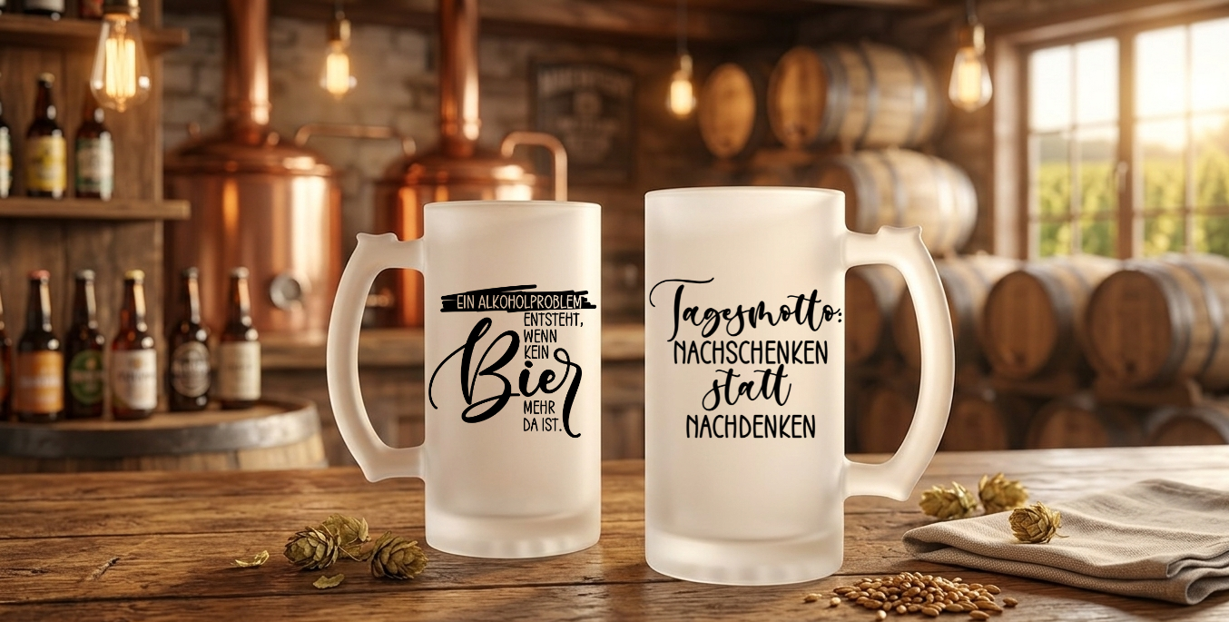 Bierkrug Glas satiniert, Nachschenken statt Nachdenken, Witziges Biergeschenk Papa, Hausbar Zubehör, Grillparty Mitbringsel, Bierhumpen
