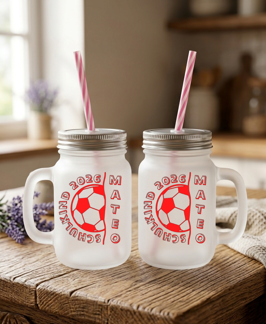 Trinkglas Strohhalm Schulkind 2026 Fußball Name Geschenk Einschulung