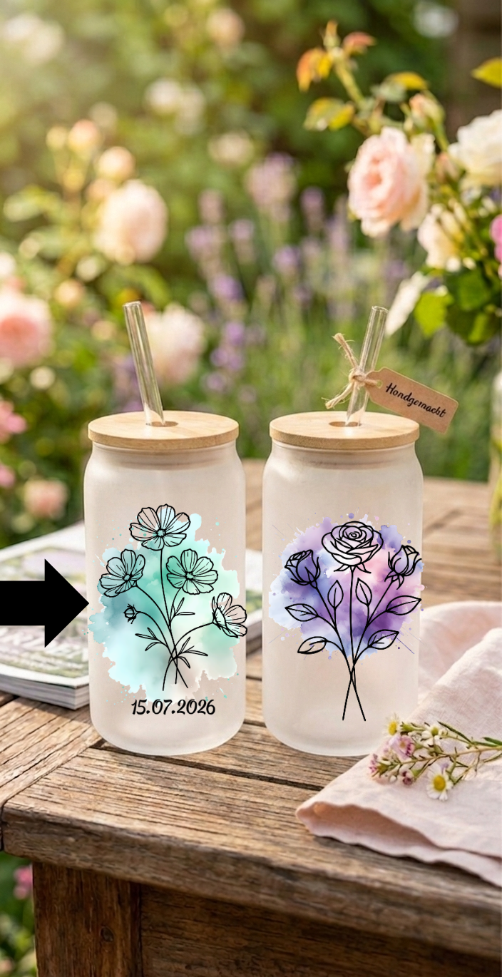 Trinkglas mit Strohhalm Geburtsblume Personalisierbar Glas Tumbler Geschenk mit Name Datum Aquarell Bambusdeckel