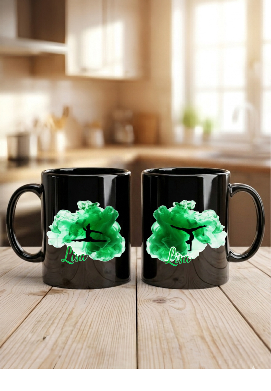 Tasse Turnerin personalisiert Name, Turnen Geschenk Mädchen, Kunstturnen Becher schwarz weiß bunt, Kinder Geburtstag Sportlerin