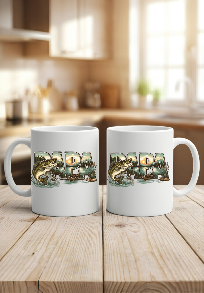 Tasse PAPA Angler Geschenk, Kaffeetasse Angeln Vater Vatertag, Becher Fischer Schwarz Weiß, Geschenkidee Papa Geburtstag