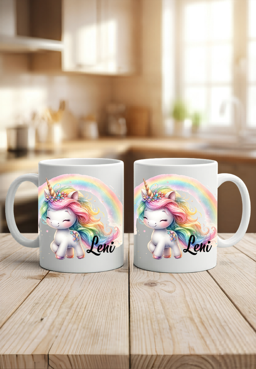 Kindergeburtstag Tasse Name, Einhorn Tasse personalisiert, Geschenk Einschulung Tochter, Keramiktasse Regenbogen, Kaffeebecher Kinder
