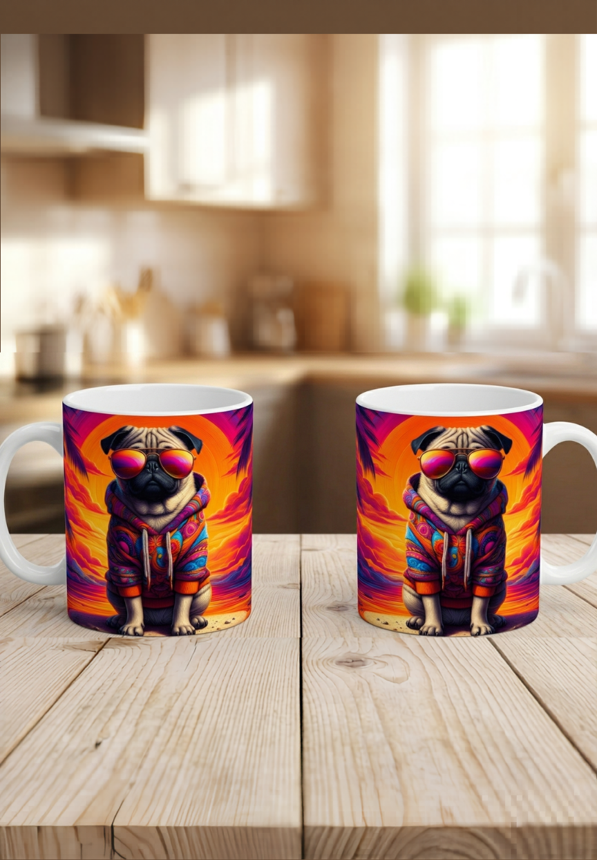 Hunde Mops Tasse bunt, Hunde Kaffeebecher, Coole Kaffeetasse Hund, Mops Geschenk, Retro Hundemotiv weiß schwarz, bunte Hunde Tasse