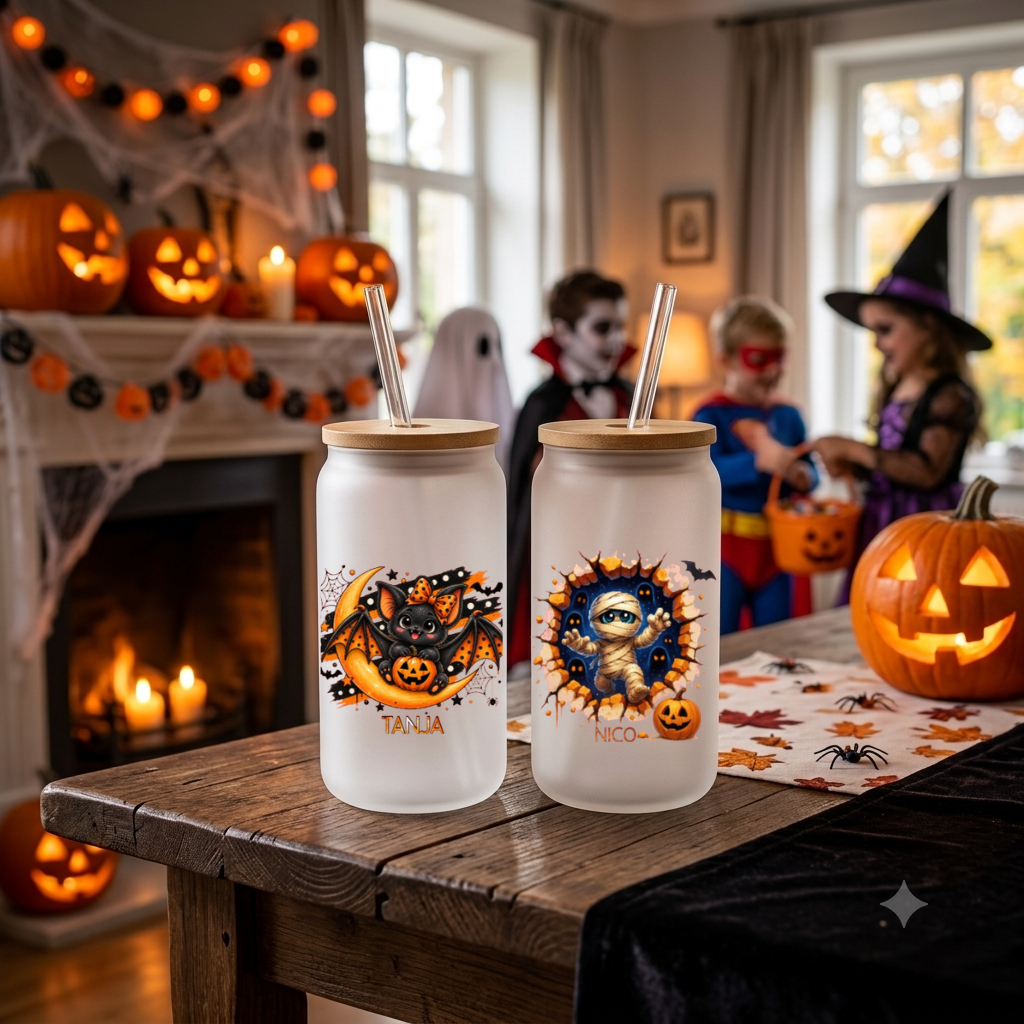 Halloween Glas Kinder personalisiert Deckel Strohhalm, Trinkglas Name Halloween Geschenk Süßigkeiten Mitbringsel Glasbecher 520ml