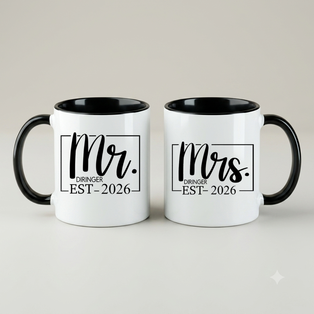 Mr und Mrs Tasse personalisiert Hochzeitsgeschenk Tassenset Partner Hochzeit Kaffeetasse mit Namen Datum schwarz weiß Geschenk für Paare