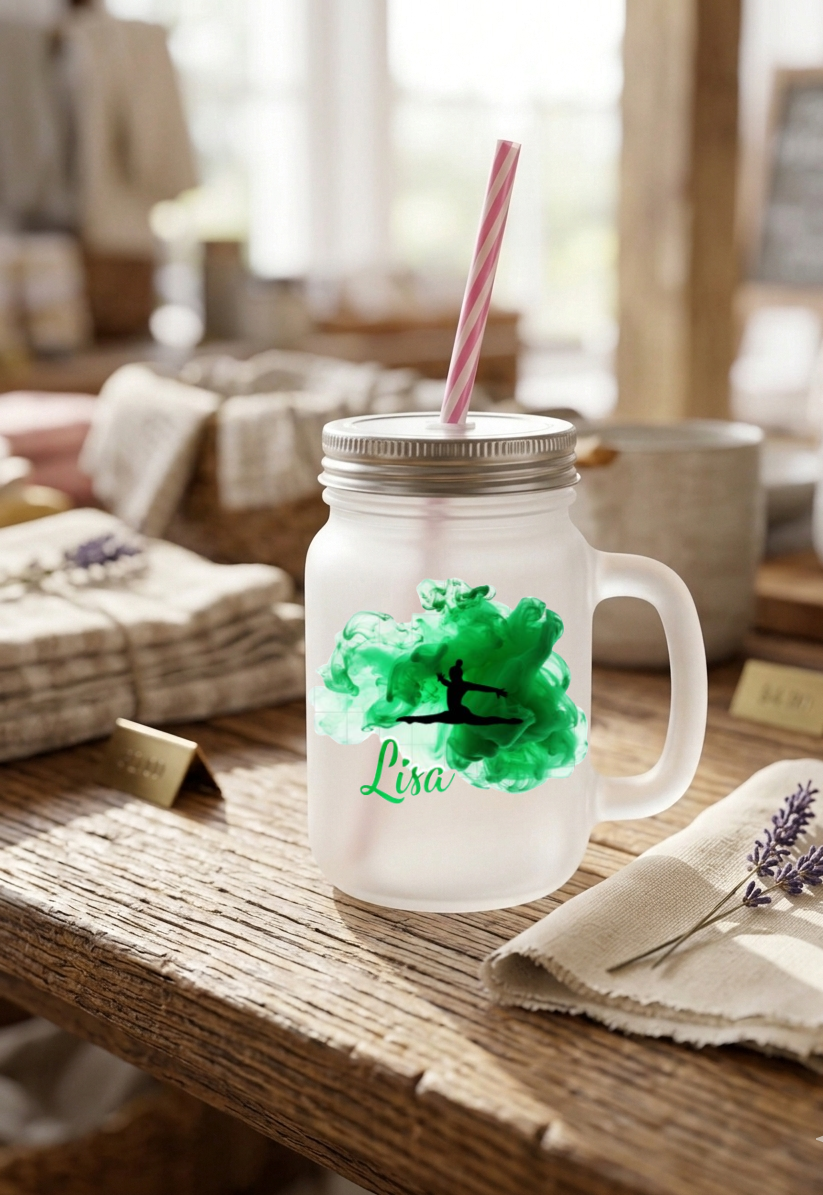 Trinkglas Turnerin mit Namen personalisiert, Turnen Geschenk Mädchen, Henkelglas Kunstturnen Strohhalm, Kinder Geburtstag Sport