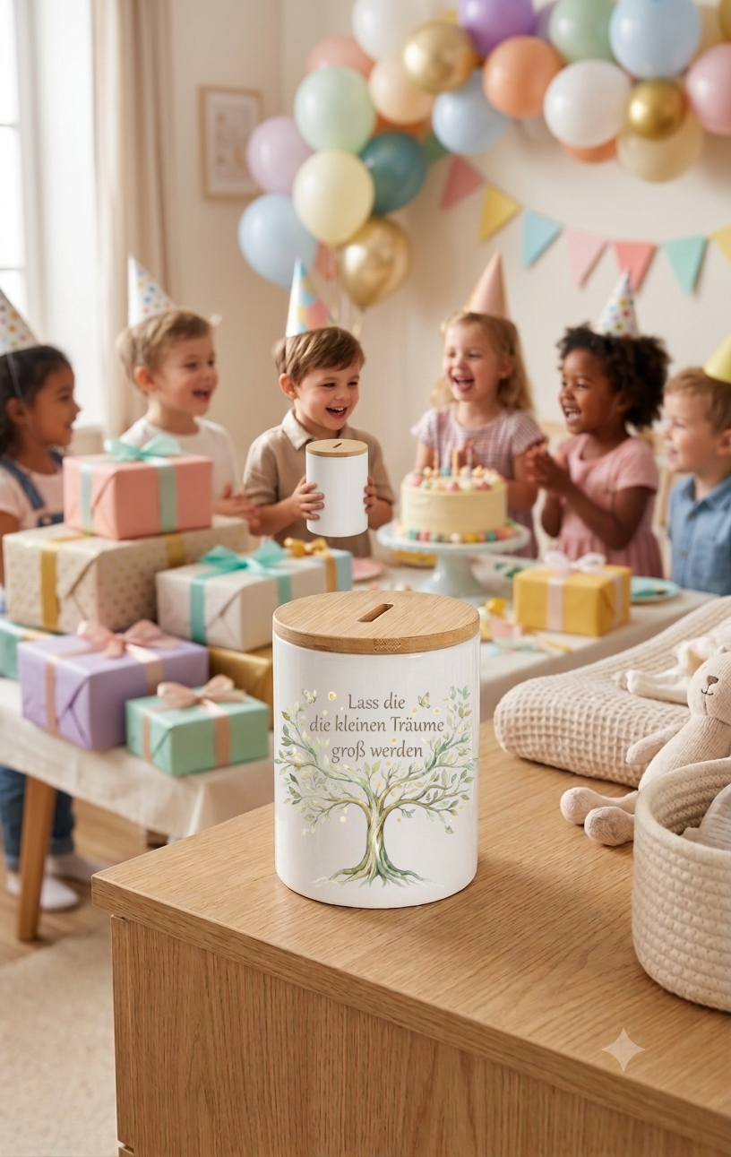 Spardose Keramik personalisiert mit Name Lebensbaum Geschenk Sparen Bambus