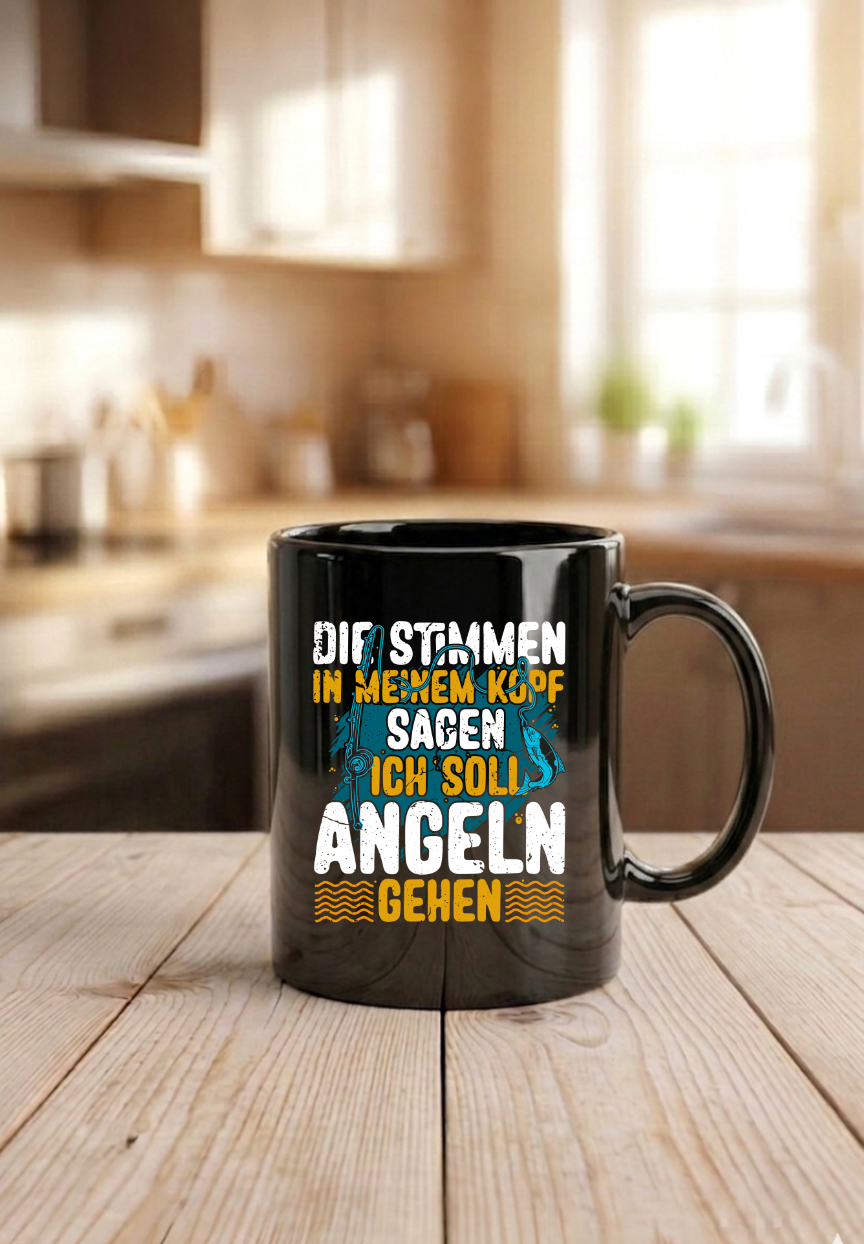 Tasse Angler Die Stimmen in meinem Kopf sagen ich muss angeln gehen, Kaffeetasse Schwarz, Fischer Geschenkidee