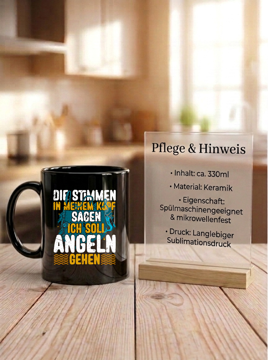 Tasse Angler Die Stimmen in meinem Kopf sagen ich muss angeln gehen, Kaffeetasse Schwarz, Fischer Geschenkidee