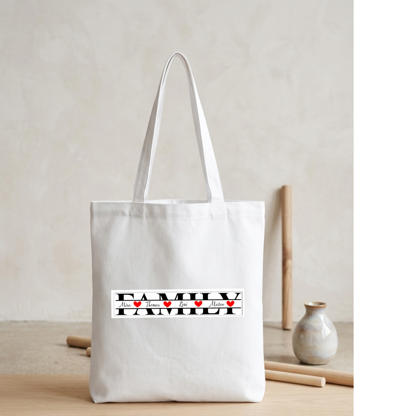 Jutebeutel Familie personalisiert Namen Herz, FAMILY Baumwolltasche Stoffbeutel schwarz weiß beige, Geschenk Muttertag, Stofftasche Geschenk