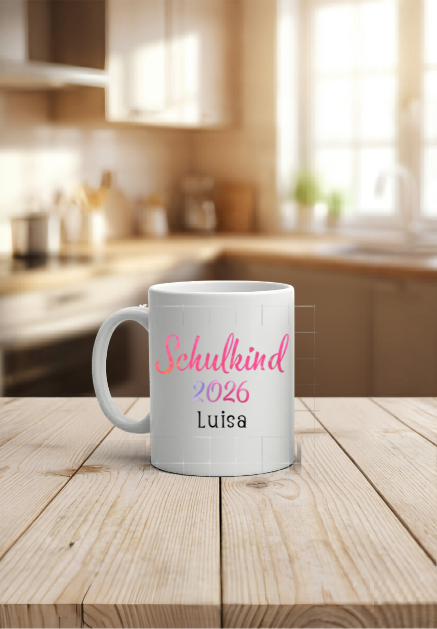 Schulkind 2026 Tasse personalisiert Name, Dino Drache Kaffeetasse Einschulung, Geschenk Schultüte Junge Mädchen, Keramiktasse bunt