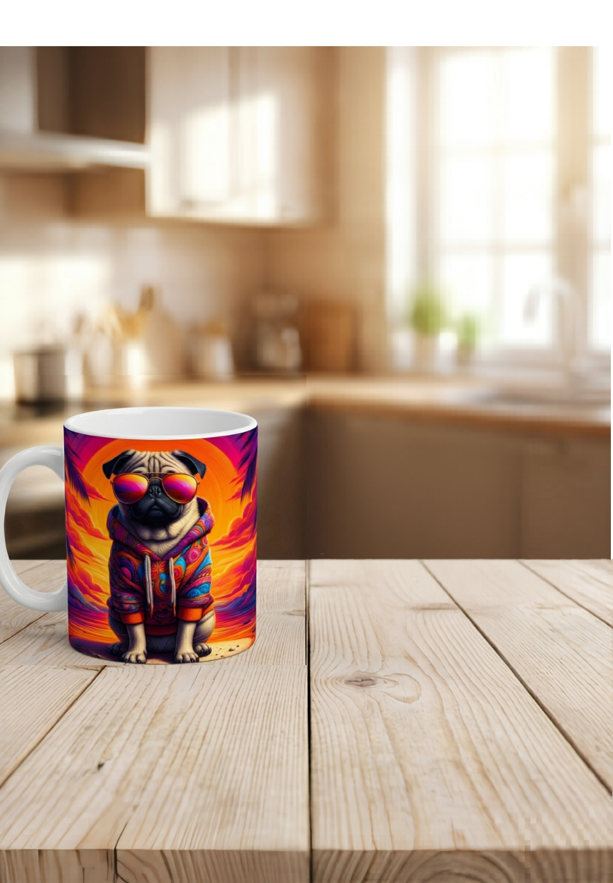 Hunde Mops Tasse bunt, Hunde Kaffeebecher, Coole Kaffeetasse Hund, Mops Geschenk, Retro Hundemotiv weiß schwarz, bunte Hunde Tasse
