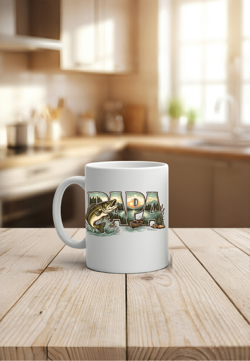 Tasse PAPA Angler Geschenk, Kaffeetasse Angeln Vater Vatertag, Becher Fischer Schwarz Weiß, Geschenkidee Papa Geburtstag