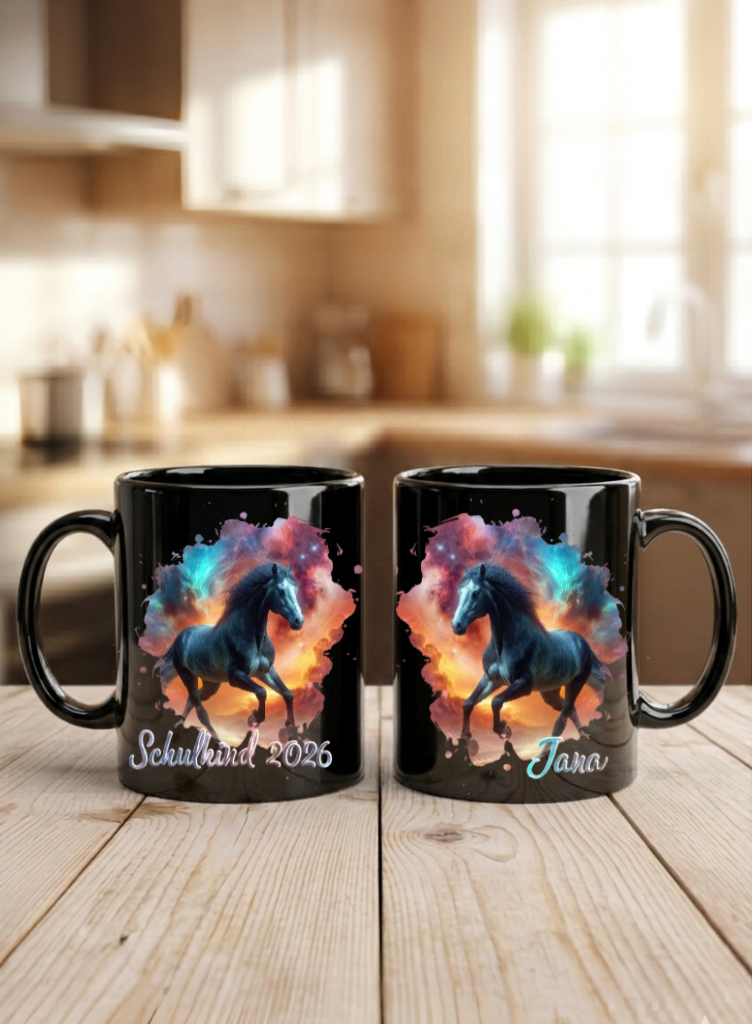 Tasse Einschulung Pferd mit Name Schulkind Tasse Mädchen Geschenke Schulstart Keramiktasse Schwarz Weiß Personalisierbar Geschenkidee