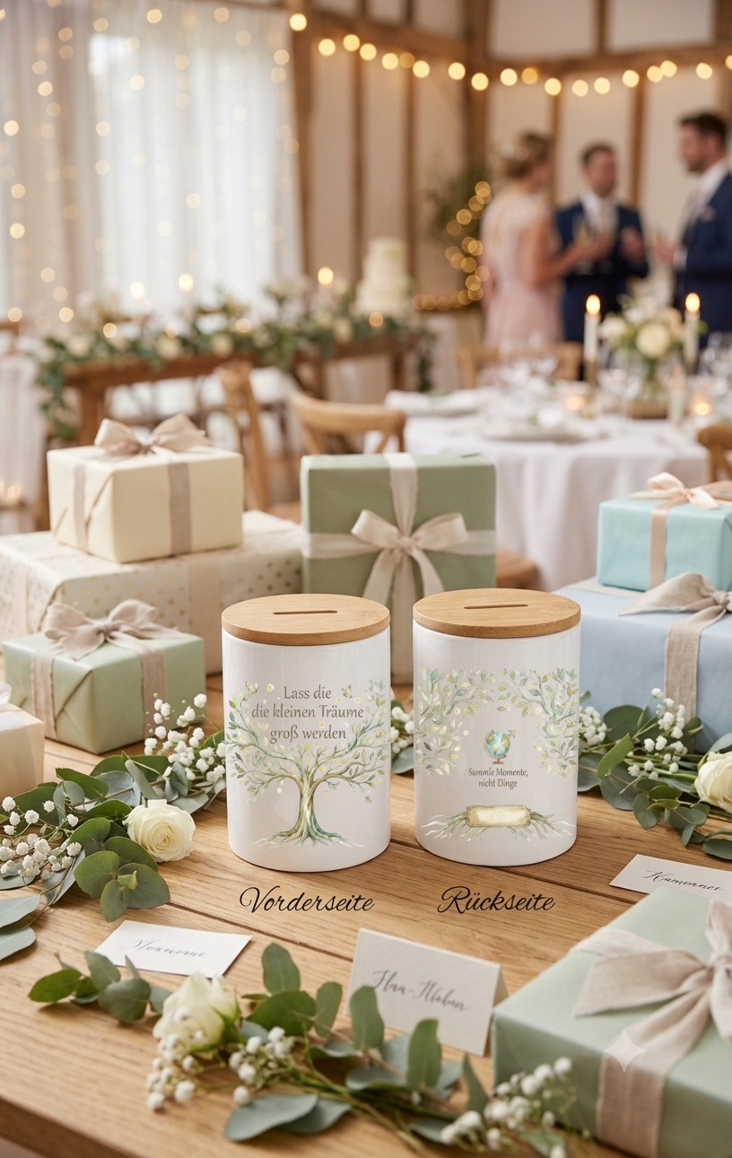 Spardose Keramik personalisiert mit Name Lebensbaum Geschenk Sparen Bambus