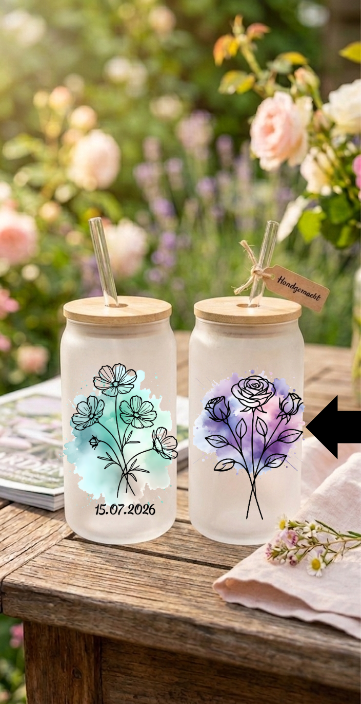Trinkglas mit Strohhalm Geburtsblume Personalisierbar Glas Tumbler Geschenk mit Name Datum Aquarell Bambusdeckel
