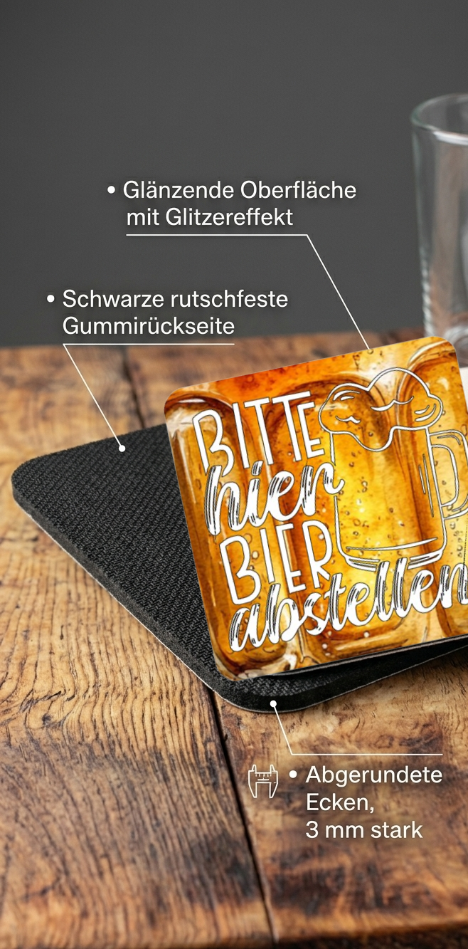 Bier Untersetzer rutschfest, Geschenk für Papa, Männerabend Deko, Glasuntersetzer Schrift weiß schwarz, Hausbar Zubehör, Bierdeckel