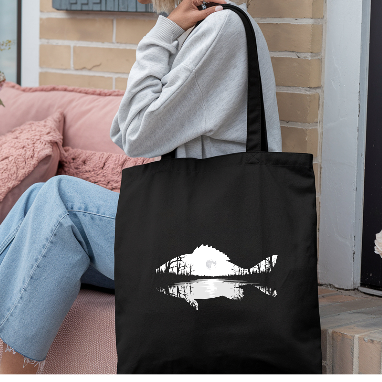 Angler Stofftasche Geschenk für Fischer, Jutebeutel Papa Opa Angeln Motiv, Baumwolltasche Geburtstag Angler lustig schwarz natural