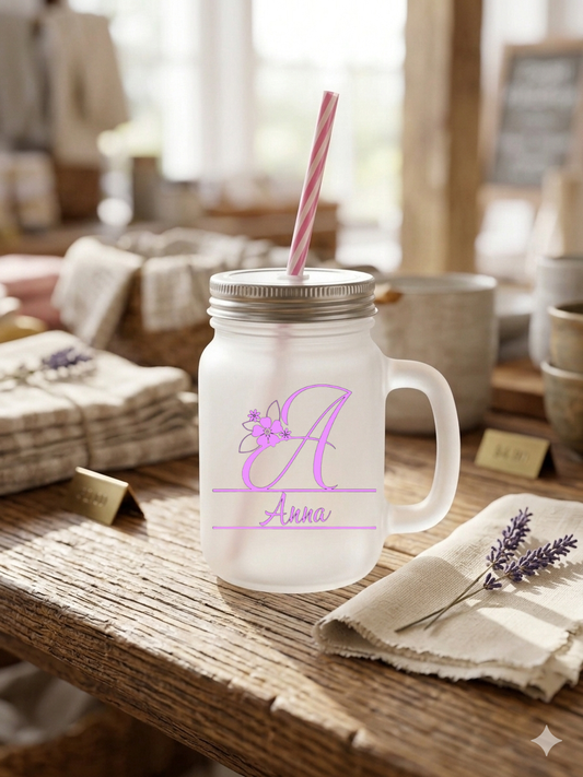 Trinkglas mit Henkel und Strohhalm personalisiert Name, Monogramm Glas Deckel, Buchstaben A-Z Sommerglas, Geschenk Geburtstag