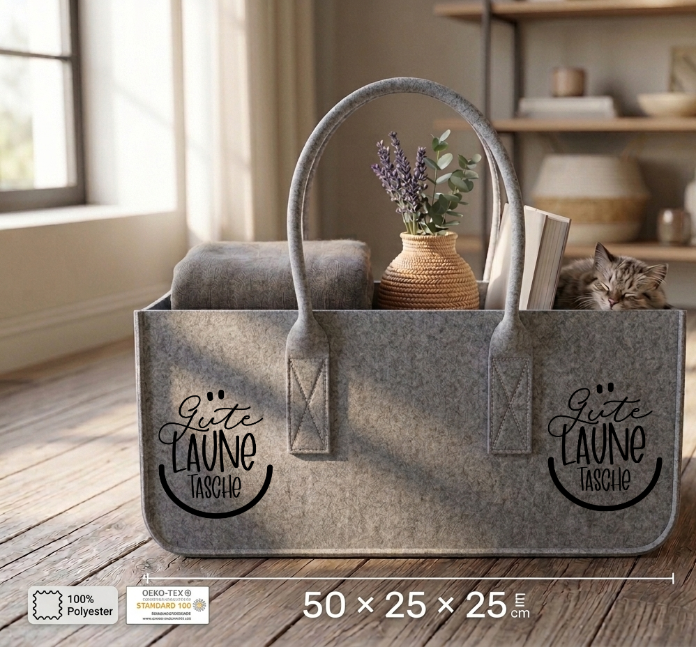 Gute Laune Filztasche Filzkorb Tasche mit Spruch Kaminholzkorb Aufbewahrung Korb Geschenk Frauen Zeitschriftenkorb Einkaufstasche