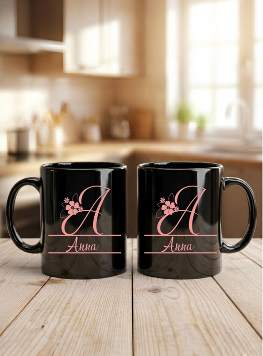 Tasse mit Buchstabe personalisiert Name, Florales Monogramm Becher, Kaffeetasse weiß schwarz hochglanz, Geschenk Frauen Geburtstag