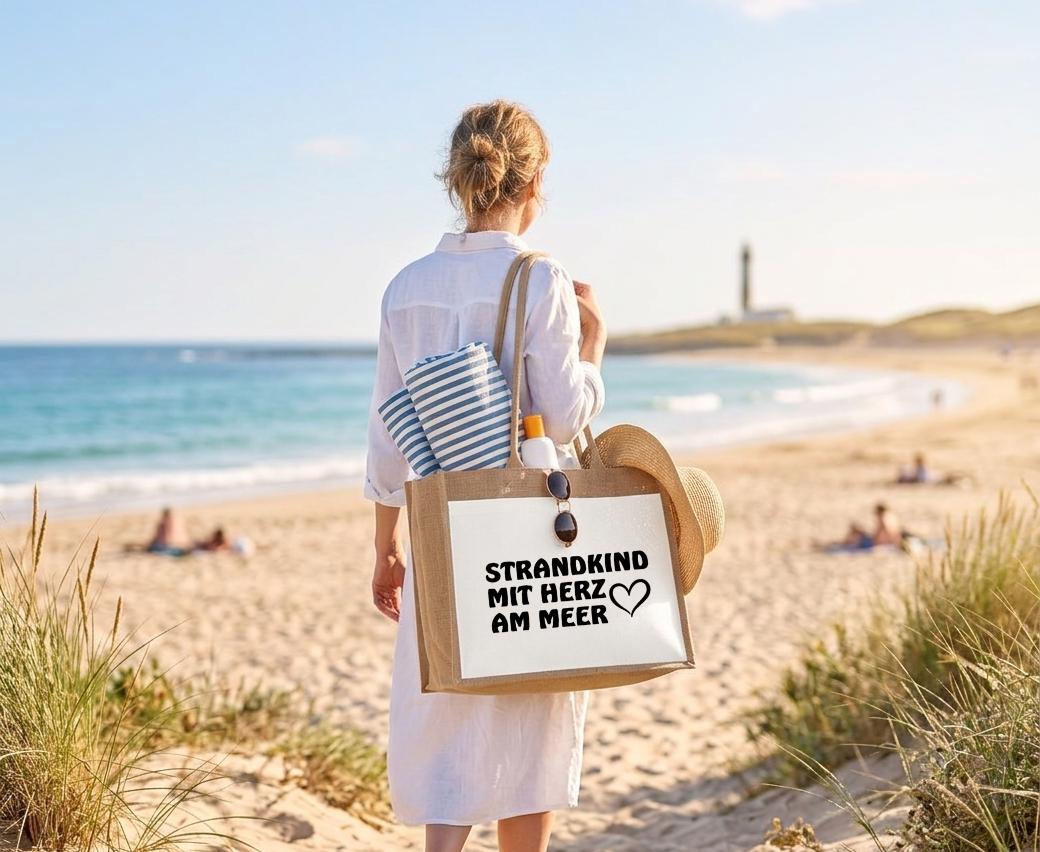 Jutetasche Strandkind mit Herz am Meer Strandtasche Shopper Geschenk