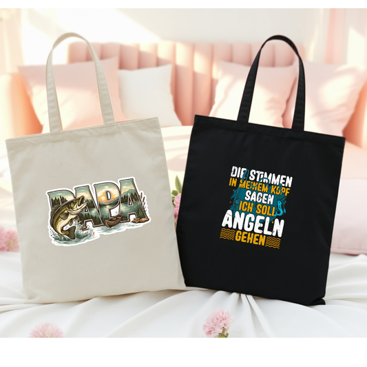 Angler Stofftasche Geschenk für Fischer, Jutebeutel Papa Opa Angeln Motiv, Baumwolltasche Geburtstag Angler lustig schwarz natural
