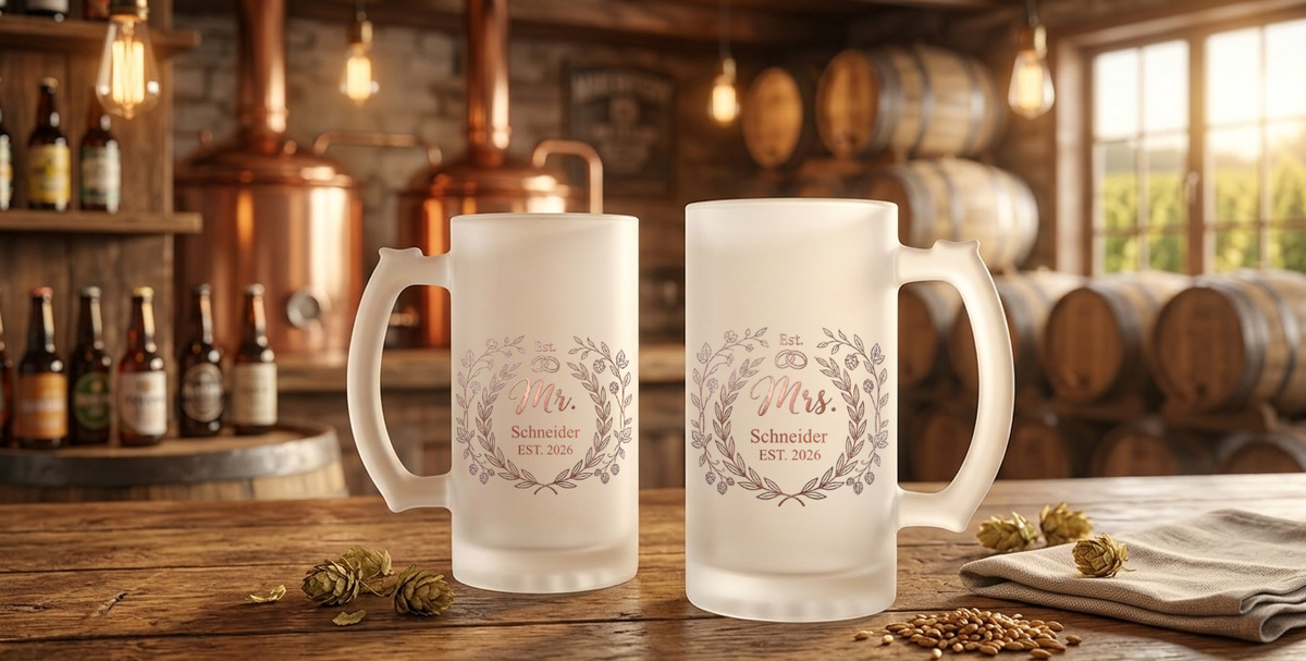 Hochzeitsgeschenk Bierglas Name Jahr, Satiniertes Glas Mr Mrs, Geschenk Brautpaar, Bierkrug Hochzeit