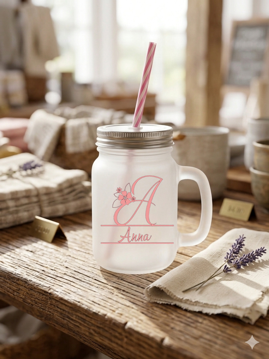 Trinkglas mit Henkel und Strohhalm personalisiert Name, Monogramm Glas Deckel, Buchstaben A-Z Sommerglas, Geschenk Geburtstag