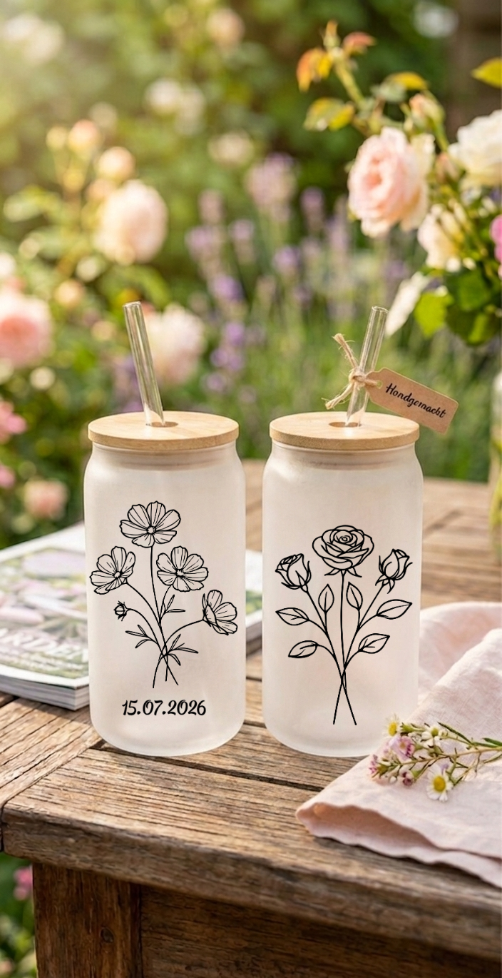 Trinkglas mit Strohhalm Geburtsblume Personalisierbar Glas Tumbler Geschenk mit Name Datum Aquarell Bambusdeckel