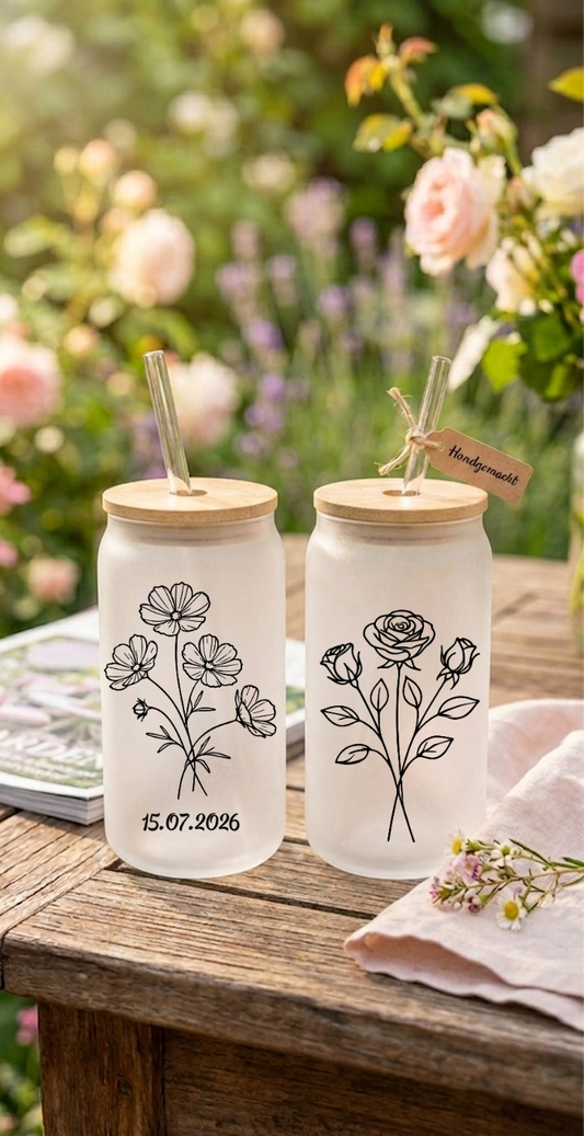 Trinkglas mit Strohhalm Geburtsblume Personalisierbar Glas Tumbler Geschenk mit Name Datum Aquarell Bambusdeckel