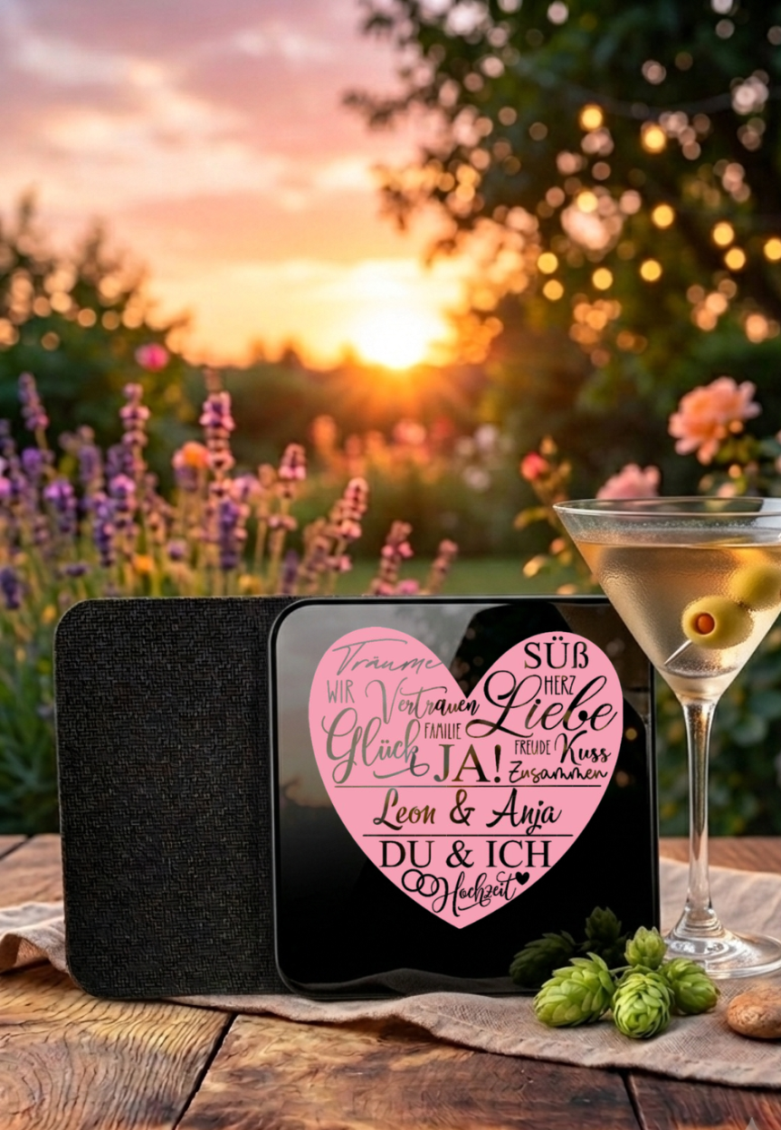 Untersetzer Hochzeit personalisiert Name Datum, Glasuntersetzer Hochzeitsgeschenk, Hochzeitsdeko Bierkrug Zubehör, Herz Motiv