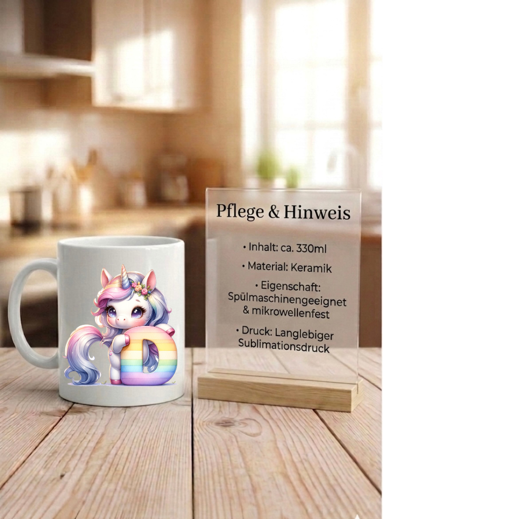 Einhorn Tasse personalisiert Buchstabe A-Z, Kinderbecher Initiale, Kaffeetasse hochglanz weiß schwarz, Geschenk Mädchen Geburtstag