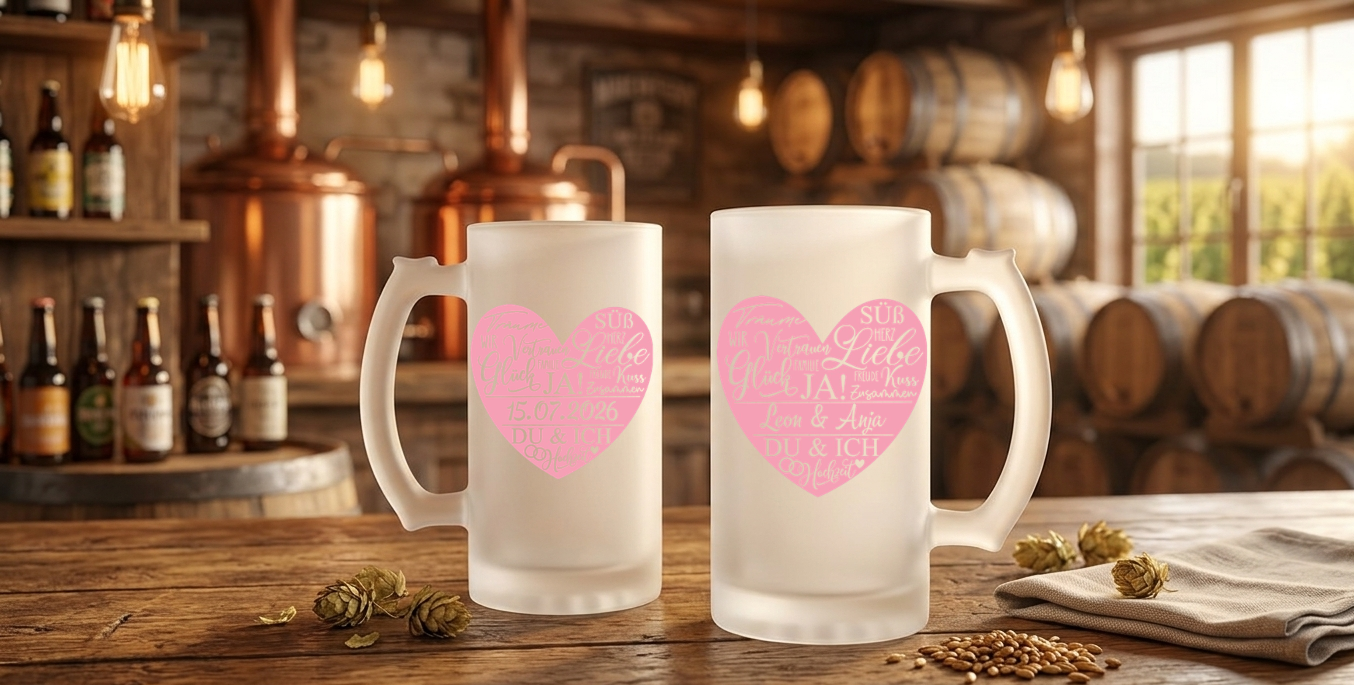 Bierkrug Hochzeit personalisiert Name Datum, Hochzeitsgeschenk Bierglas satiniert, Geschenk Ehepaar Brautpaar, Bierdeckel Herz